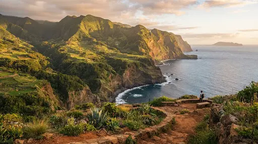 Green Madeira cliffs above the Atlantic, with a walker on a coastal trail